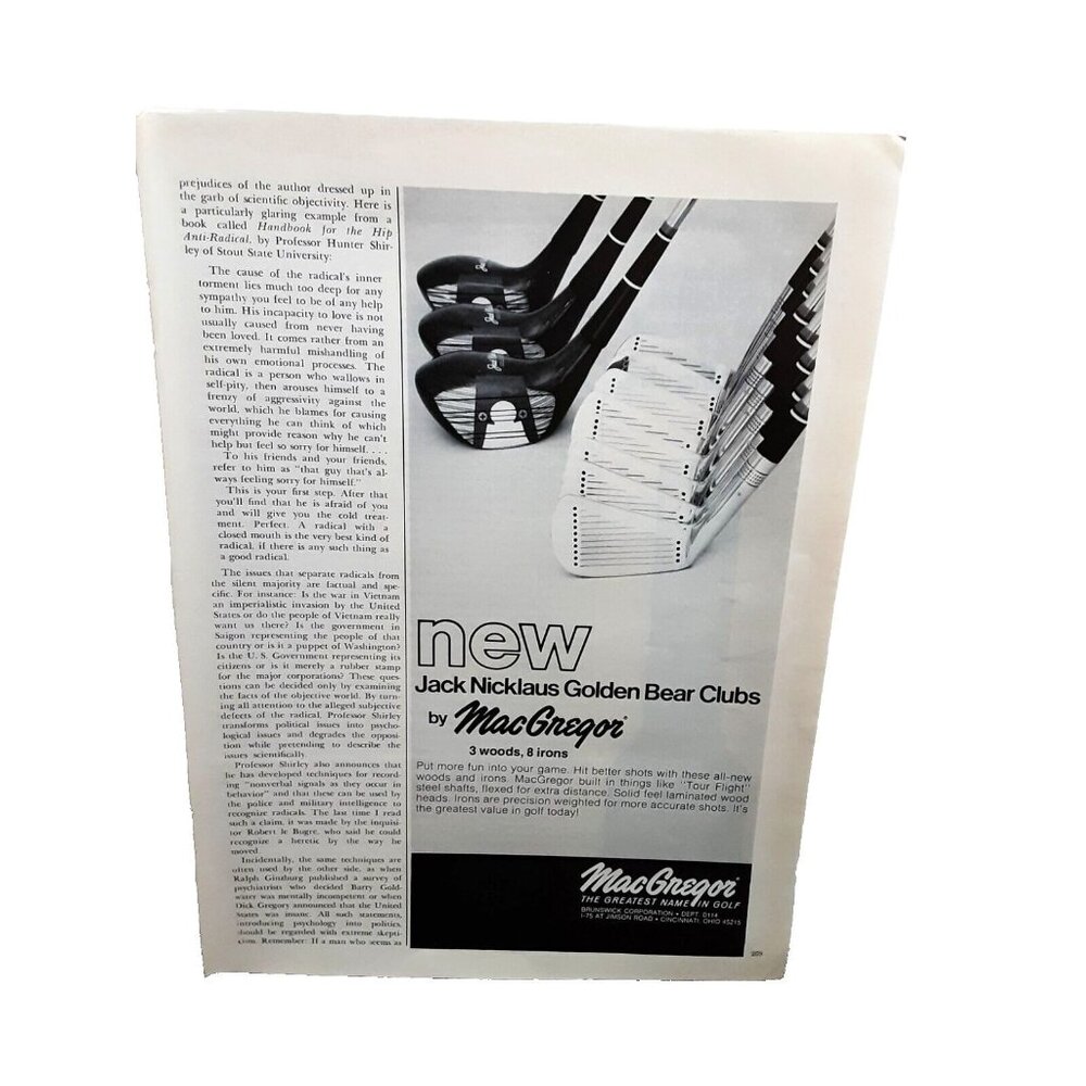 1971 MacGregor Jack Nicklaus Golden Bear Golf Clubs Original Print Ad 70s